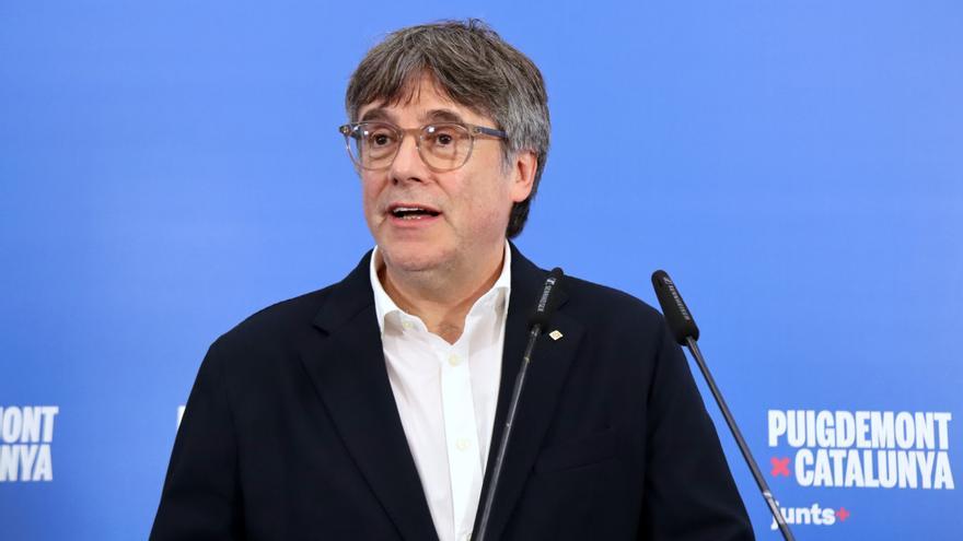 El candidat de Junts, Carles Puigdemont, en la roda de premsa de presentació del programa a Argelers