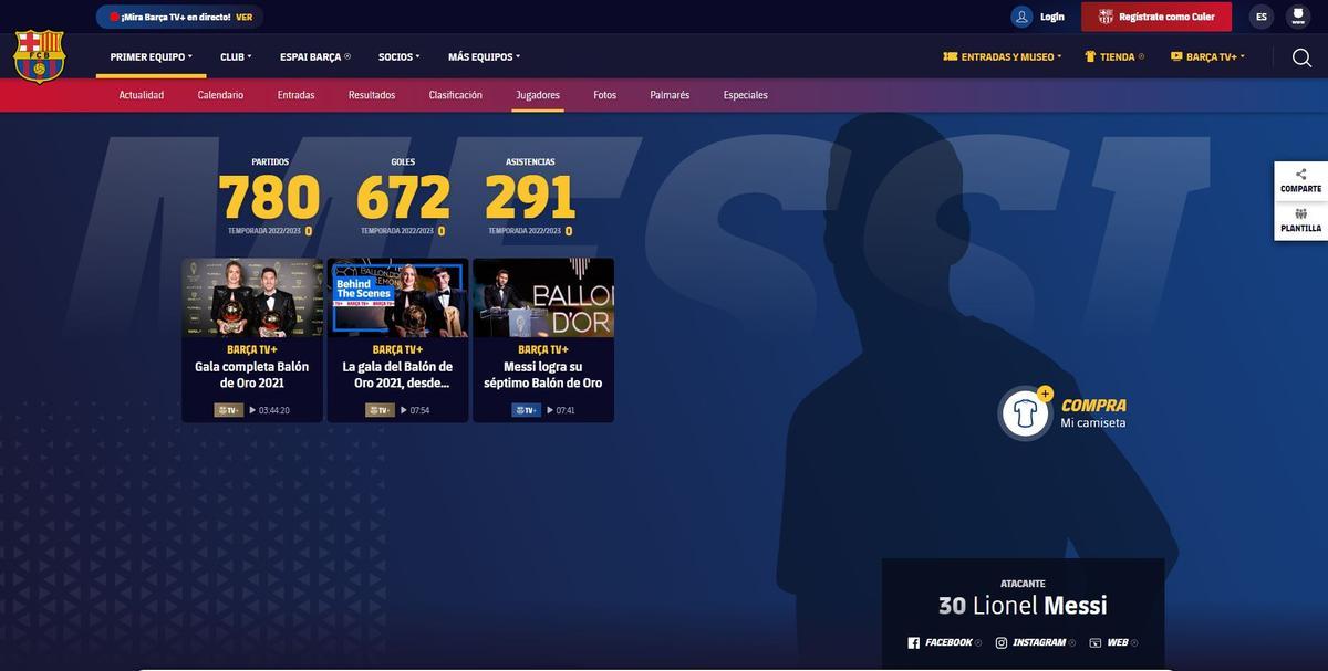 El perfil de Messi, en la página oficial del club