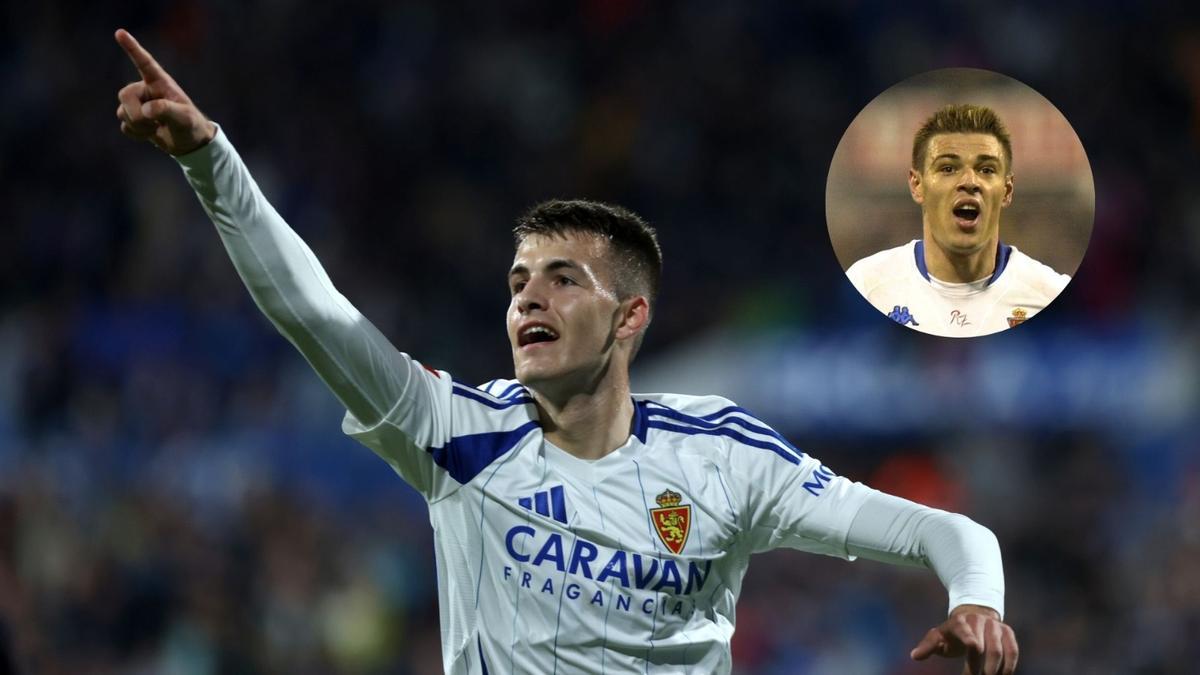 Bazdar celebra el gol ante el Levante y, en la imagen más pequeña, Milosevic en su etapa en el Zaragoza.