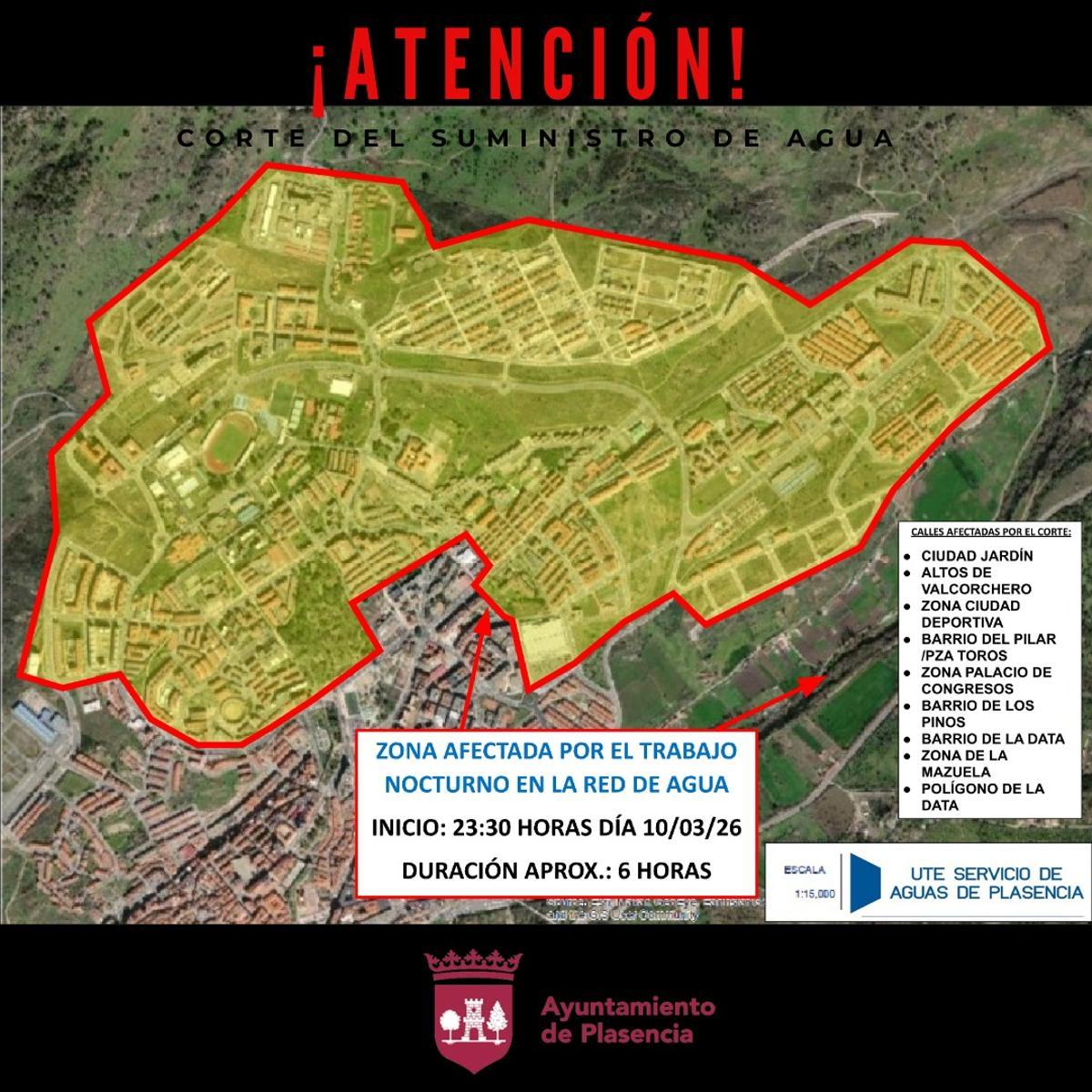 Mapa de las zonas que podrían verse afectadas por los trabajos en la red de agua de Plasencia.