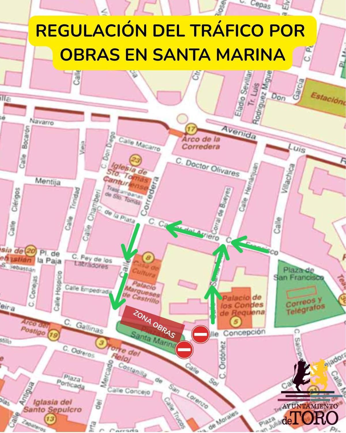 Plano con los desvíos y recorridos alternativos debido a las obras en Santa Marina.