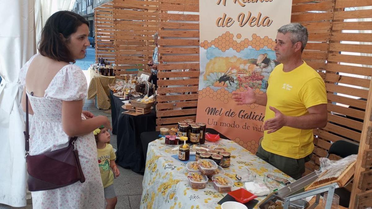Miel multiflor y tarrinas con pedazos de panal repletos de miel de eucalipto, en la Feira do Mel.