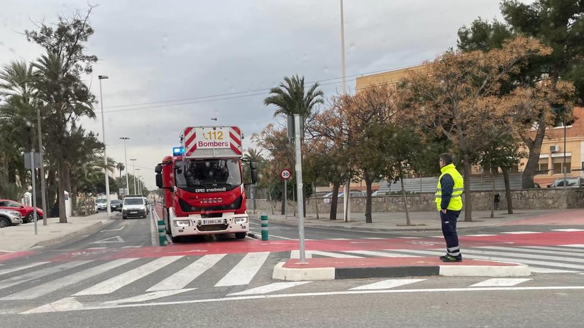 Un camión de los bomberos, hoy circulando por un carril bici en Elche