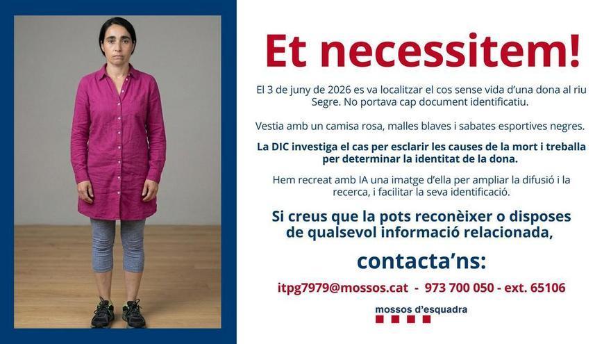 Els Mossos llancen una imatge amb IA per identificar una dona trobada morta al riu  Segre