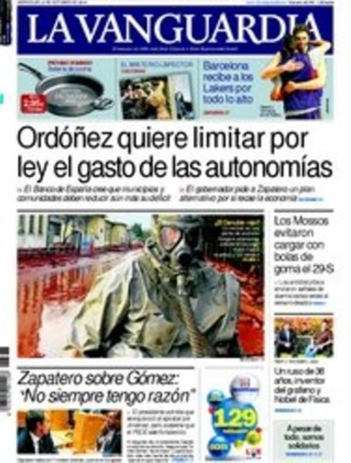 ’La Vanguardia’ realça a les pàgines interiors que les oenagés intensifiquen les seves campanyes a Catalunya per captar socis i buscar noves formes de finançament, que els Mossos no van disparar ni una sola pilota de goma el 29-S, que la marxa de Gerardo Díaz Ferrán desencadena una guerra de poder a la CEOE i que el nombre d’empleats públics creix un 5% des de l’inici de la crisi.