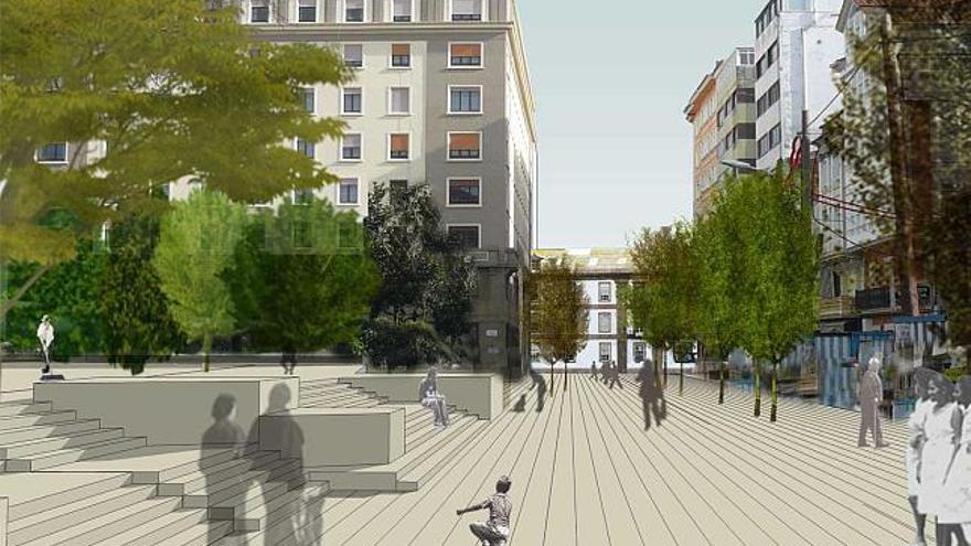Imágenes virtuales del corredor peatonal que unirá la plaza de España con Millán Astray (izquierda) y del aspecto que presentará la zona del cuartel de Atocha. / la opinión