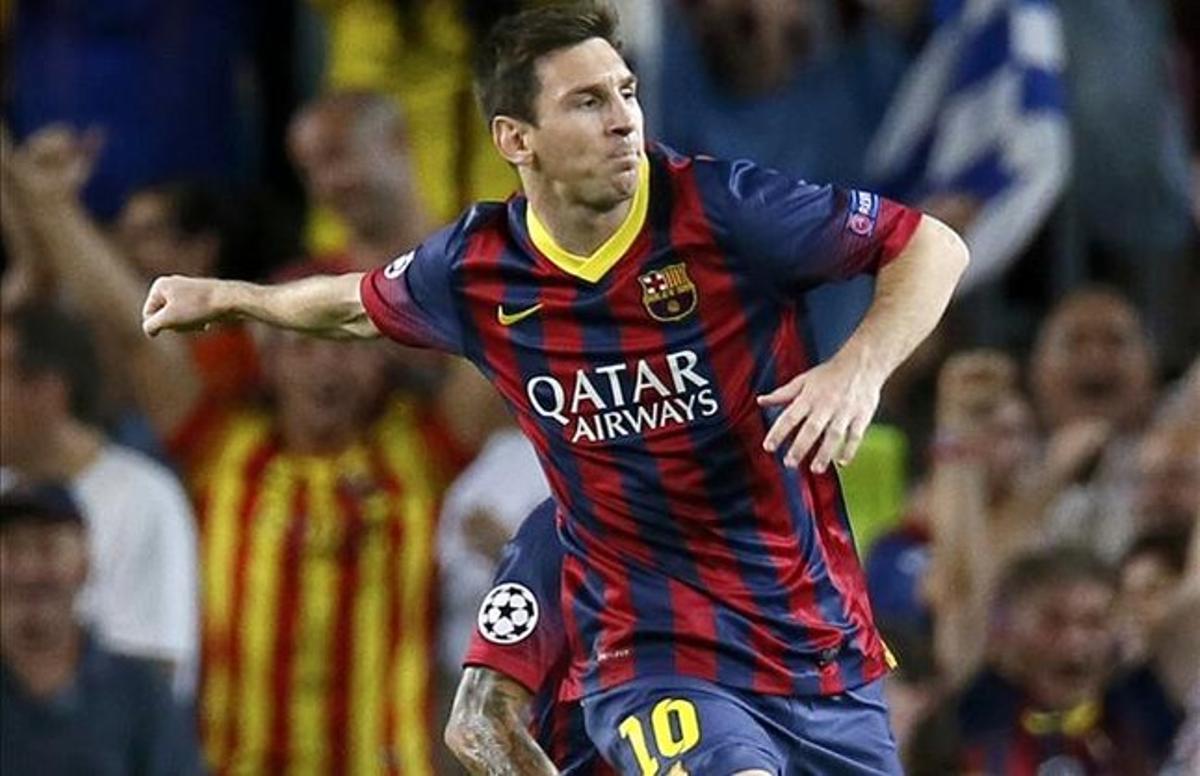 Messi celebra un gol, al partit davant l’Ájax holandès.