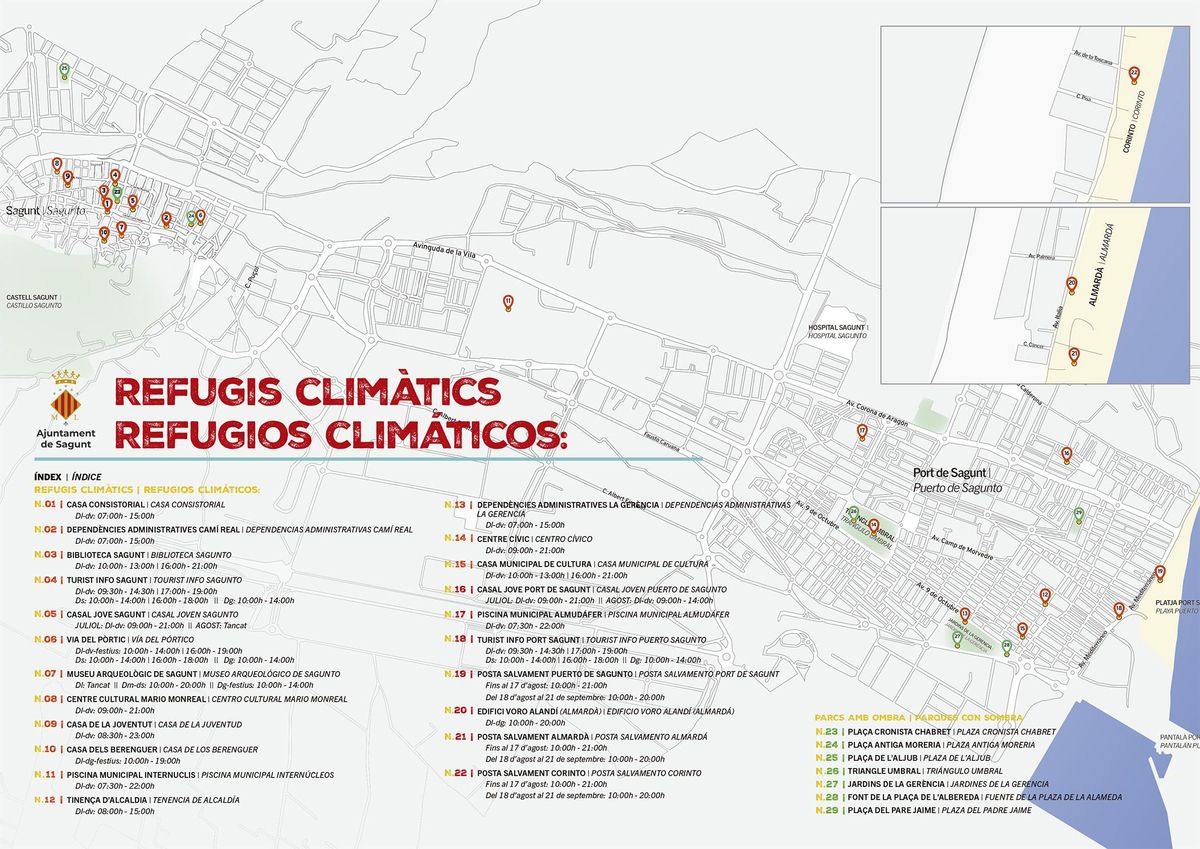 Mapa localizador de los refugios climáticos en el municipio.