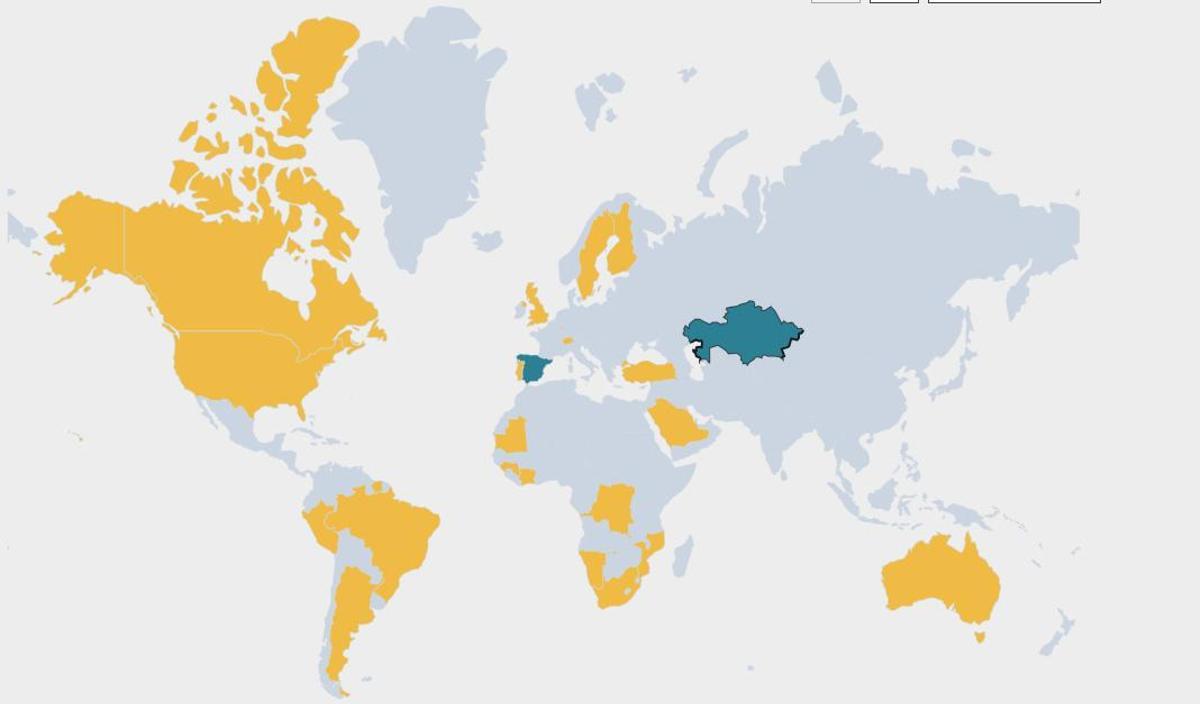 Mapa de los países en los que Asturmine ha desarrollado proyectos (en amarillo), con sus dos sedes, Oviedo y Kazajistán, destacadas en azul