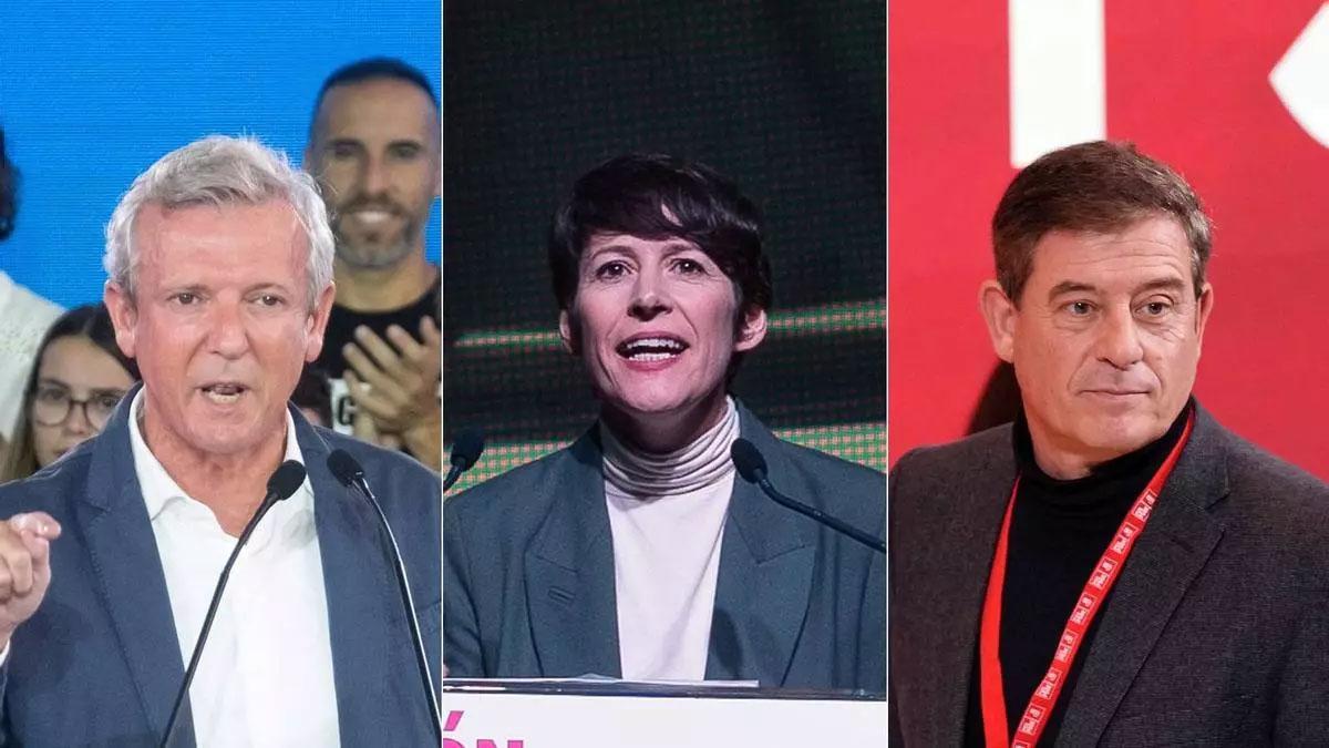 Los candidatos del PPdeG, Alfonso Rueda, del BNG, Ana Pontón,  y el PSdeG, José Ramón Gómez Besteiro, a la presidencia de la Xunta.