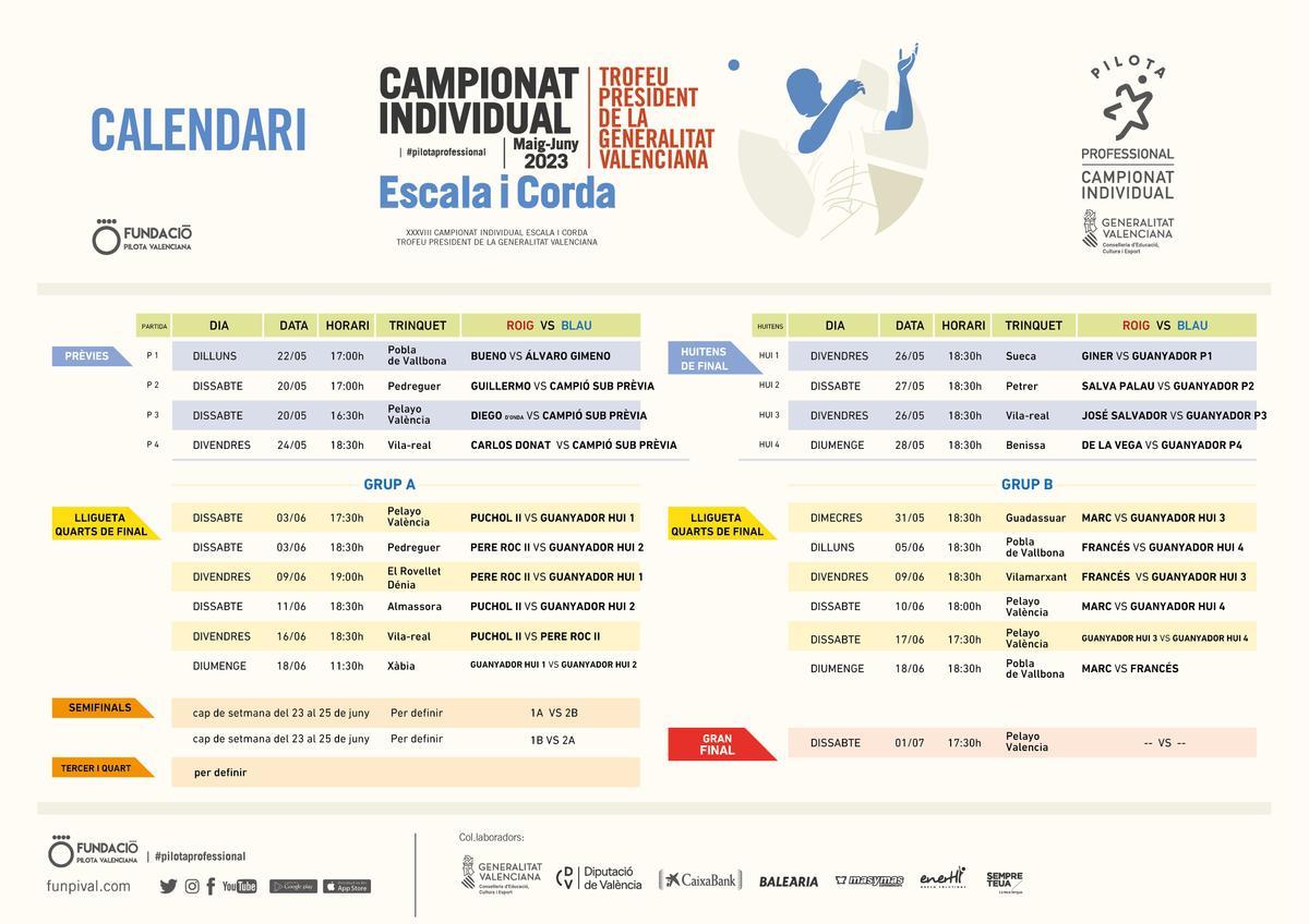 Calendari del Campionat Individual 2023 – Trofeu President de la Generalitat d'escala i corda.