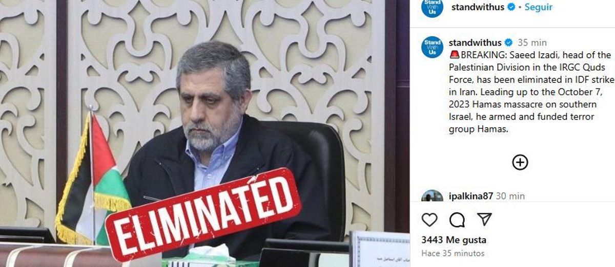 Una cuenta de apoyo a Israel en ls redes sociales de Estados Unidos le cuelga el cartel de "eliinado" a la foto de Saeed Izadi.