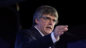 El candidato de Junts, Carles Puigdemont, en un acto en Argelers