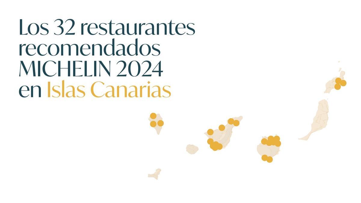 Mapa con los 32 establecimientos recomendados de Canarias en la Guía Michelín España 2024.