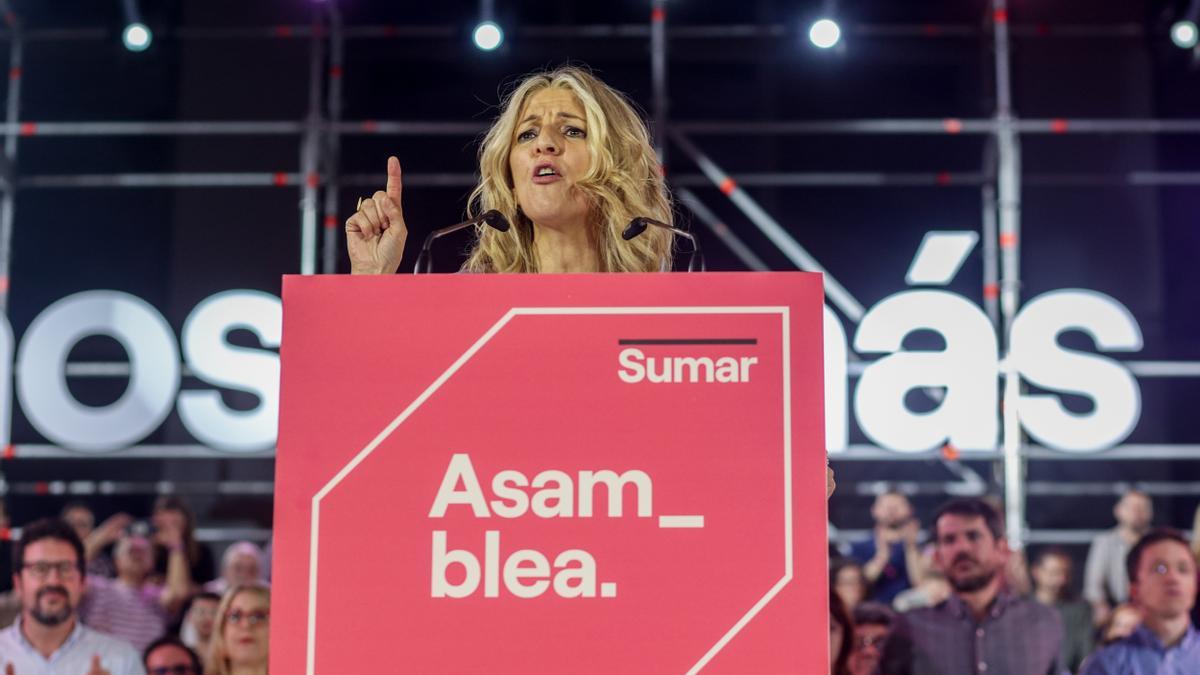 Yolanda Díaz interviene en la Asamblea fundacional de Sumar, el pasado marzo.