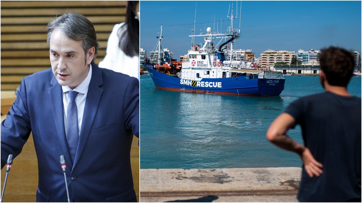 Montaje con el diputado de Vox, Jesús Albiol, y el barco de rescate Aita Mari saliendo del puerto de Burriana.