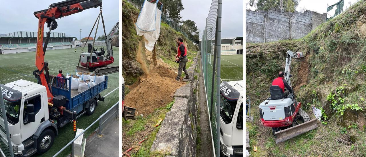 Los trabajos iniciados ayer en el campo de fútbol de Monte da Vila.