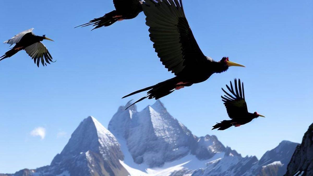 Ibis calvos sobrevolando los Alpes en su ruta migratoria.