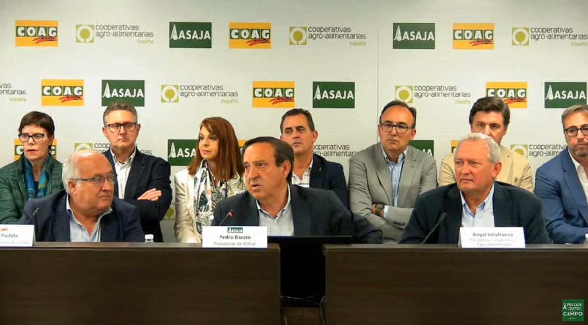 De izquierda a derecha: Miguel Padilla, secretario general de COAG, Pedro Barato, presidente de Asaja, y Ángel Villafranca, presidente de Cooperativas Agro-alimentarias.