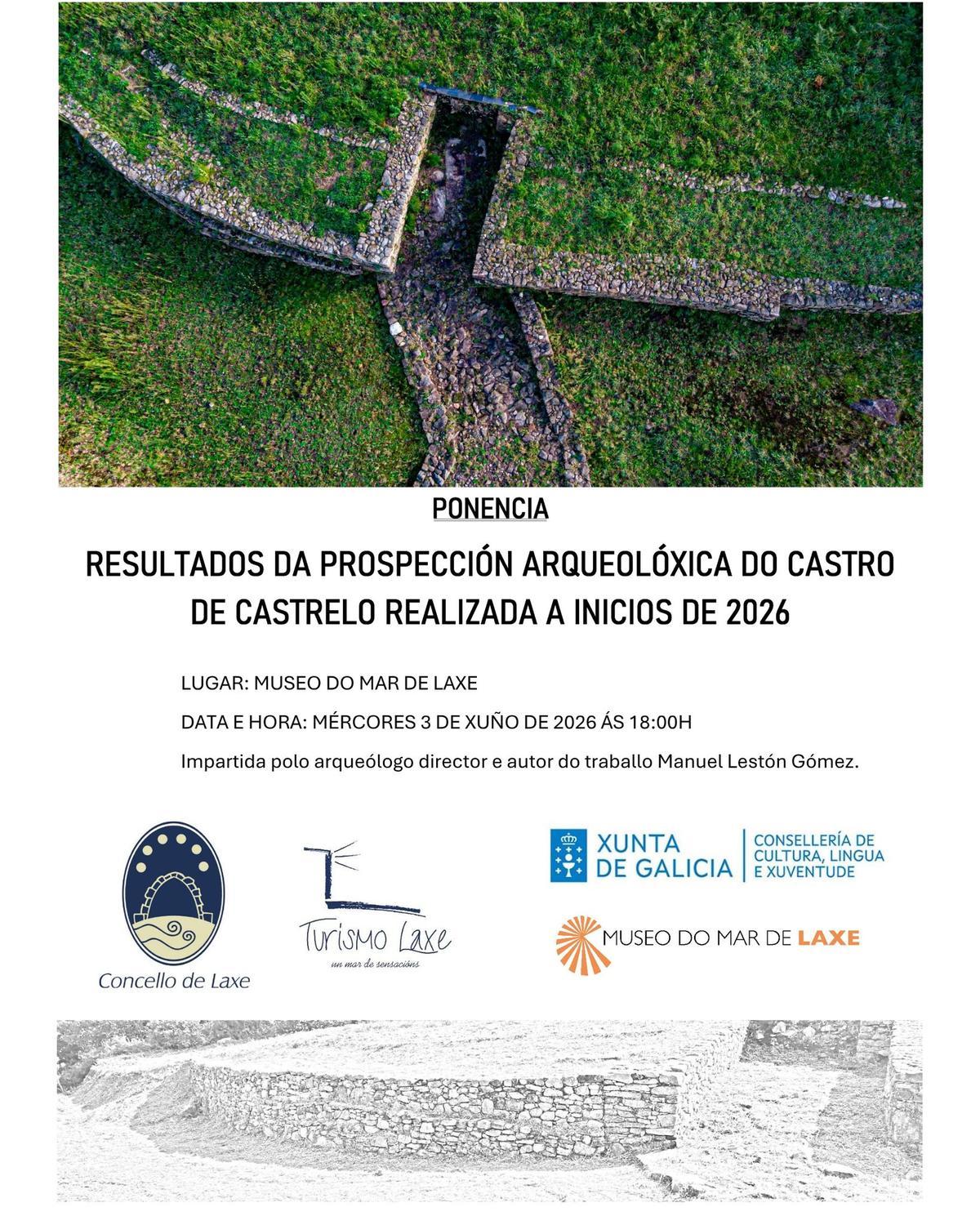Cartel promocional da ponencia sobre o castro de Castrelo en Laxe.