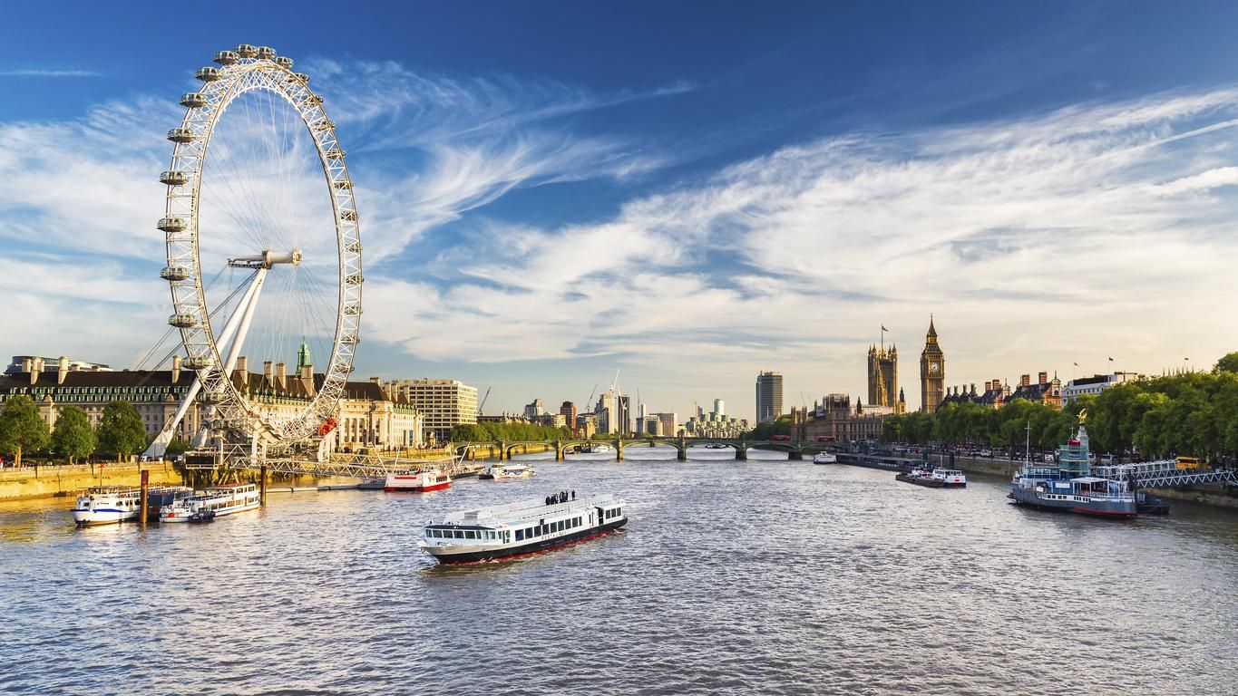 Parlamento de Westminster, Big Ben y el London Eye, con el Támesis y el cielo azul