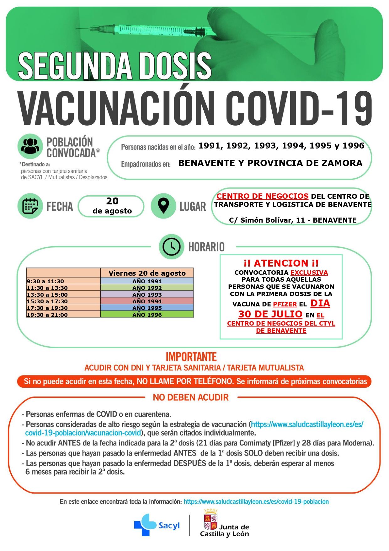 Calendario de vacunación para el 20 de agosto.