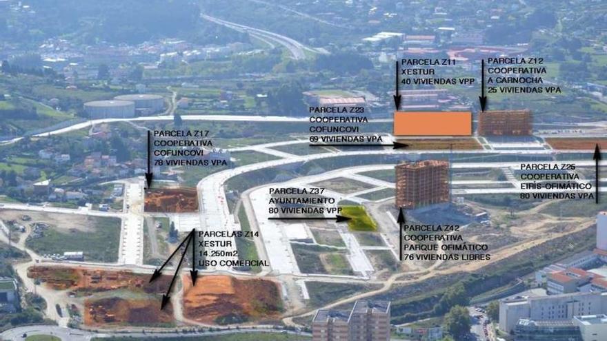 Plano del parque ofimático, con las parcelas públicas y de las cooperativas.