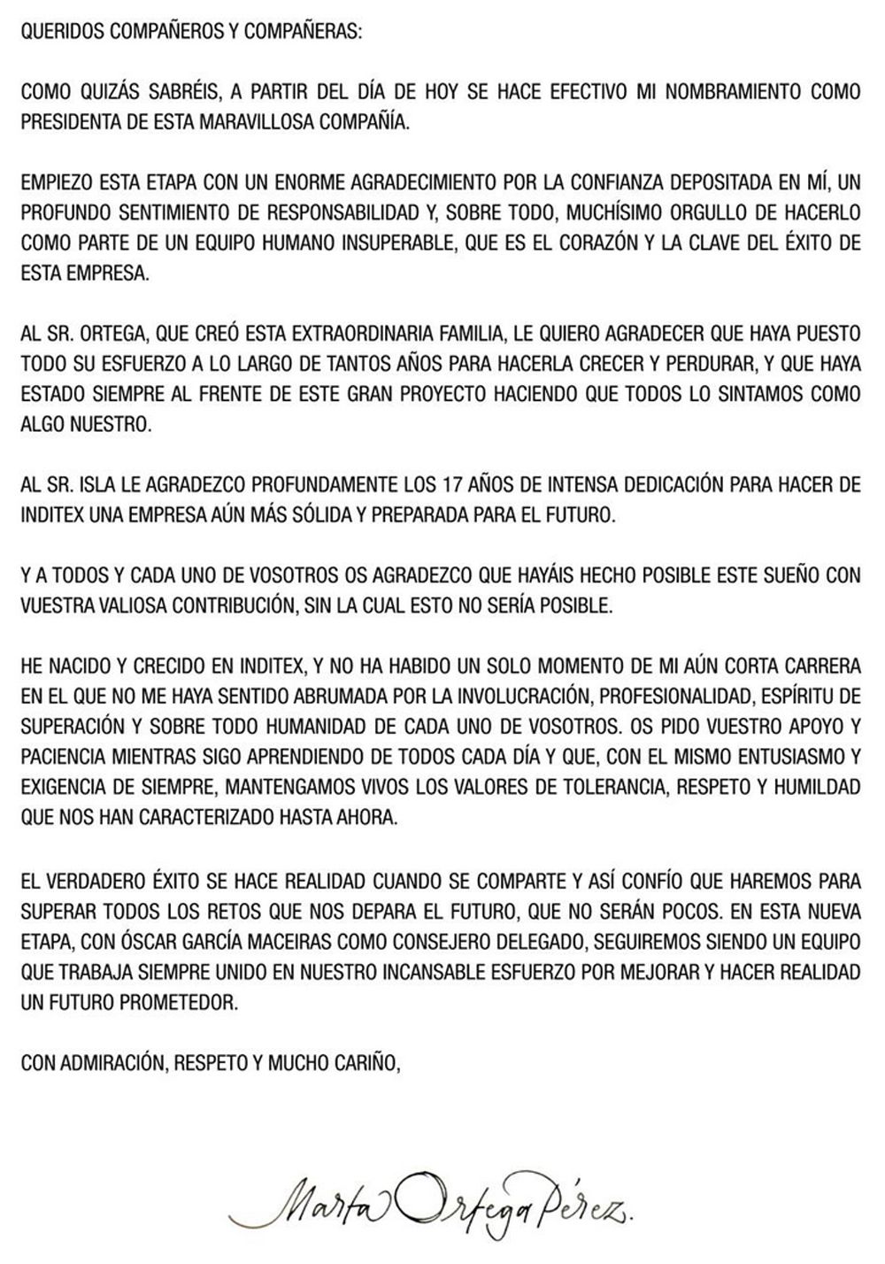 Carta de Marta Ortega a la plantilla de Inditex tras tomar las riendas del grupo como presidenta no ejecutiva.