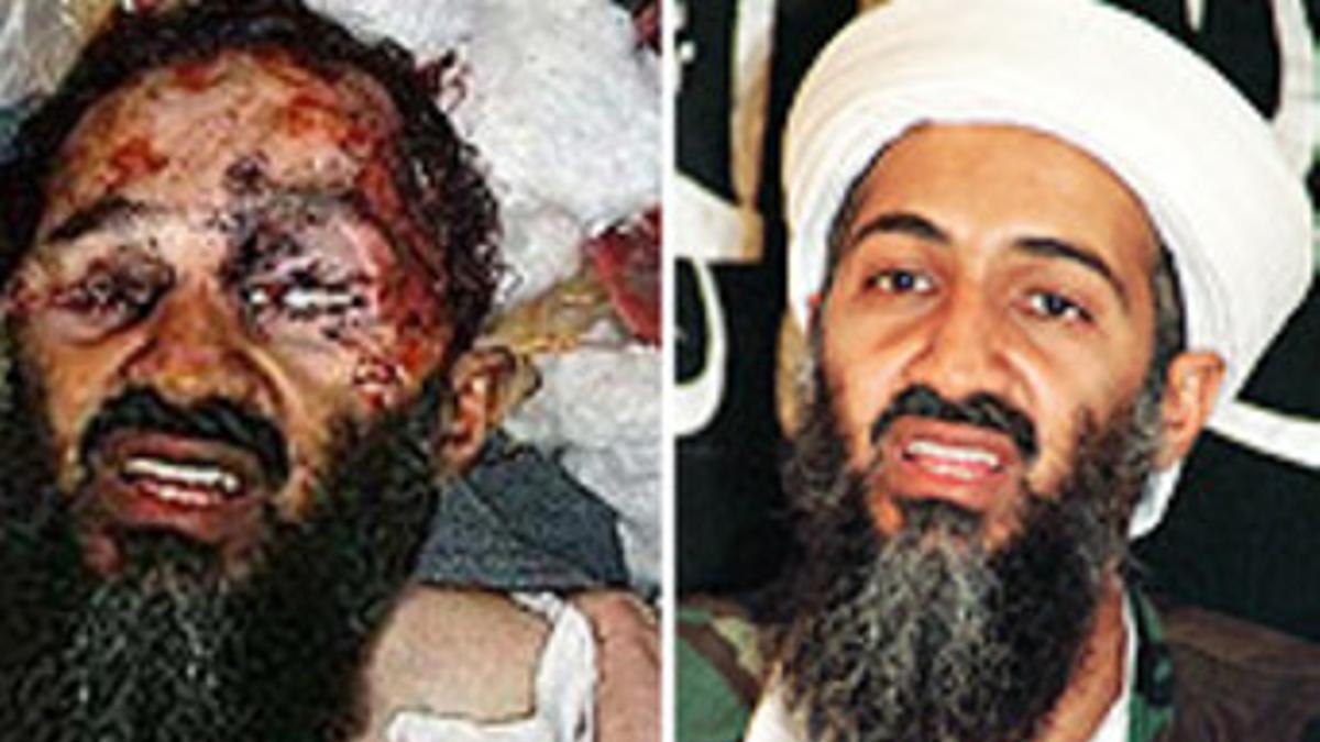 La foto manipulada del cadáver de Bin Laden facilitada por Express TV (arriba, a la izquierda), junto a la imagen real del terrorista tomada en Afganistán en 1998. Abajo, las barbas manipulada (con píxeles de vídeo, izquierda) y la real.