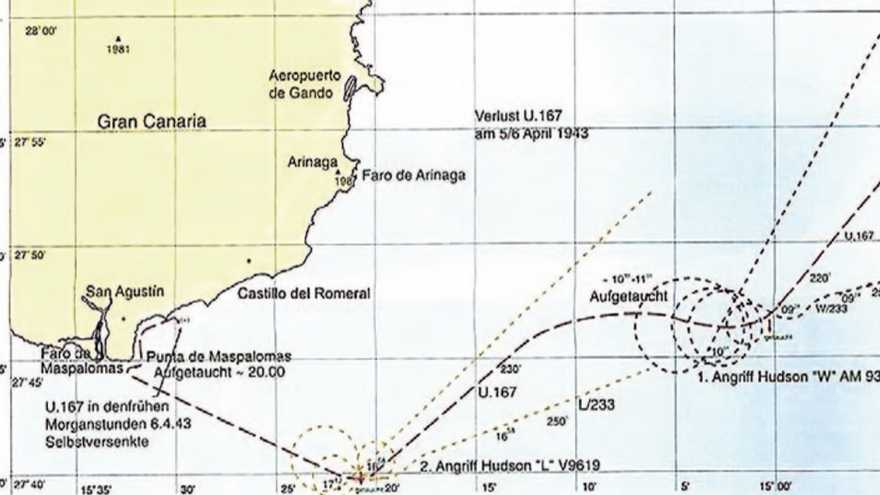 Mapa del ataque del que fue víctima el submarino alemán por la RAF en aguas canarias.