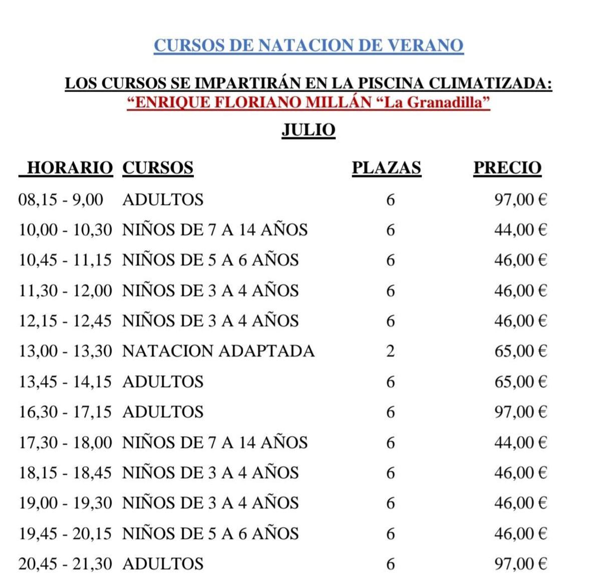 Imagen del anuncio municipal con las plazas ofertadas para el mes de julio.