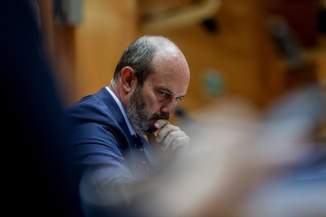 El presidente del Senado, Pedro Rollán, durante una sesión de control al Gobierno, en el Senado, a 9 de abril de 2024, en Madrid (España).