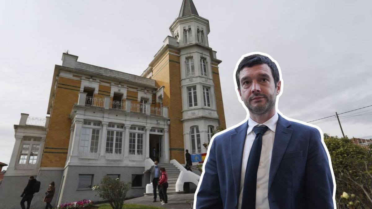 Pablo Bustinduy y, de fondo, la Torre Amarilla, una de las casas indianas de Somao