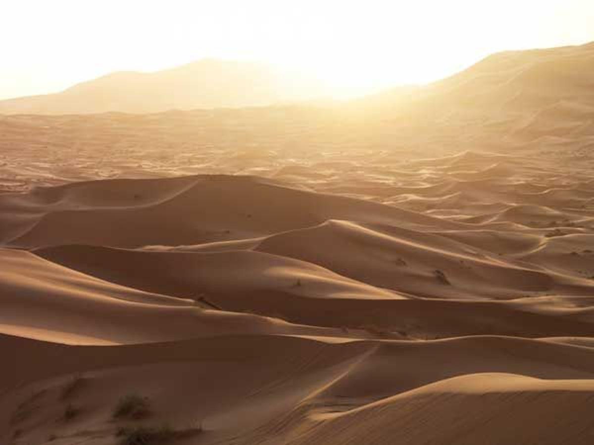 Amanecer en el desierto del Sahara cerca de Merzouga, Marruecos.