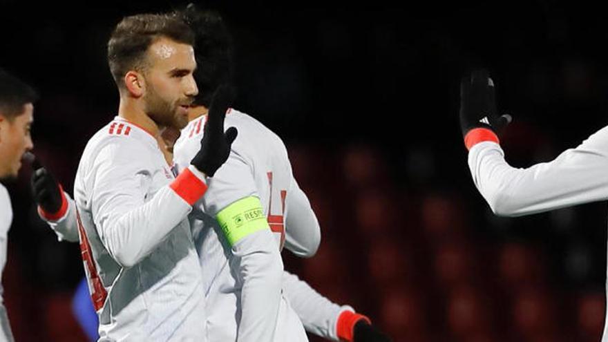 Borja Mayoral celebra su gol con España sub-21 en Islandia.