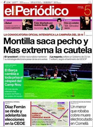 A més de l’inici oficial de la precampanya electoral catalana i la renovació de la gespa del Camp Nou, EL PERIÓDICO destaca la primícia que un túnel de Rodalies travessarà la Diagonal i renovarà el mapa ferroviari de l’àrea metropolitana, i la de la mort d’un menor, dijous, a Cornellà, quan robava coure. També explica que Església Plural pregarà perquè el Papa i la cúria perdin poder i canviï el model de govern de l’Església catòlica, que els moviments antisistema van crear el 29-S a Barcelona una agència de notícies alternativa durant la vaga general, i els preparatius finals del 43è Festival de Cine de Terror de Sitges que comença dijous. El diari ofereix avui ’+Salut’, un mensual de medicina i qualitat de vida.
