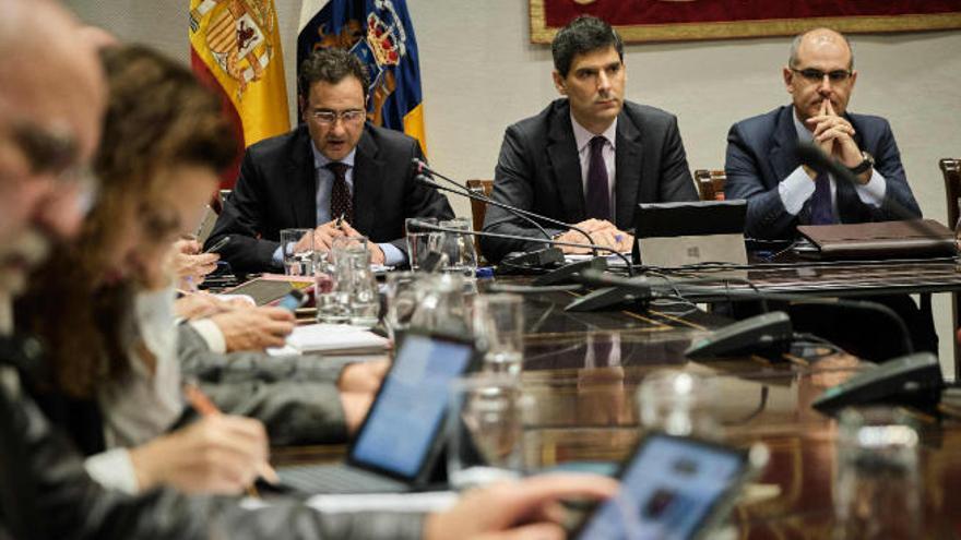 El director territorial de Endesa en Canarias y los directores de Operación y Mantenimiento de Red Eléctrica, ayer en el Parlamento.