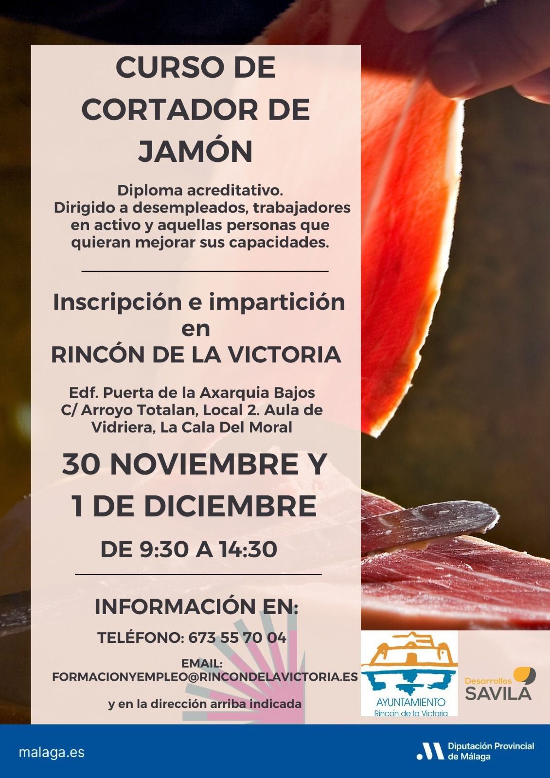 Cartel del curso de cortador de jamón que se celebra en Rincón de la Victoria (Málaga)