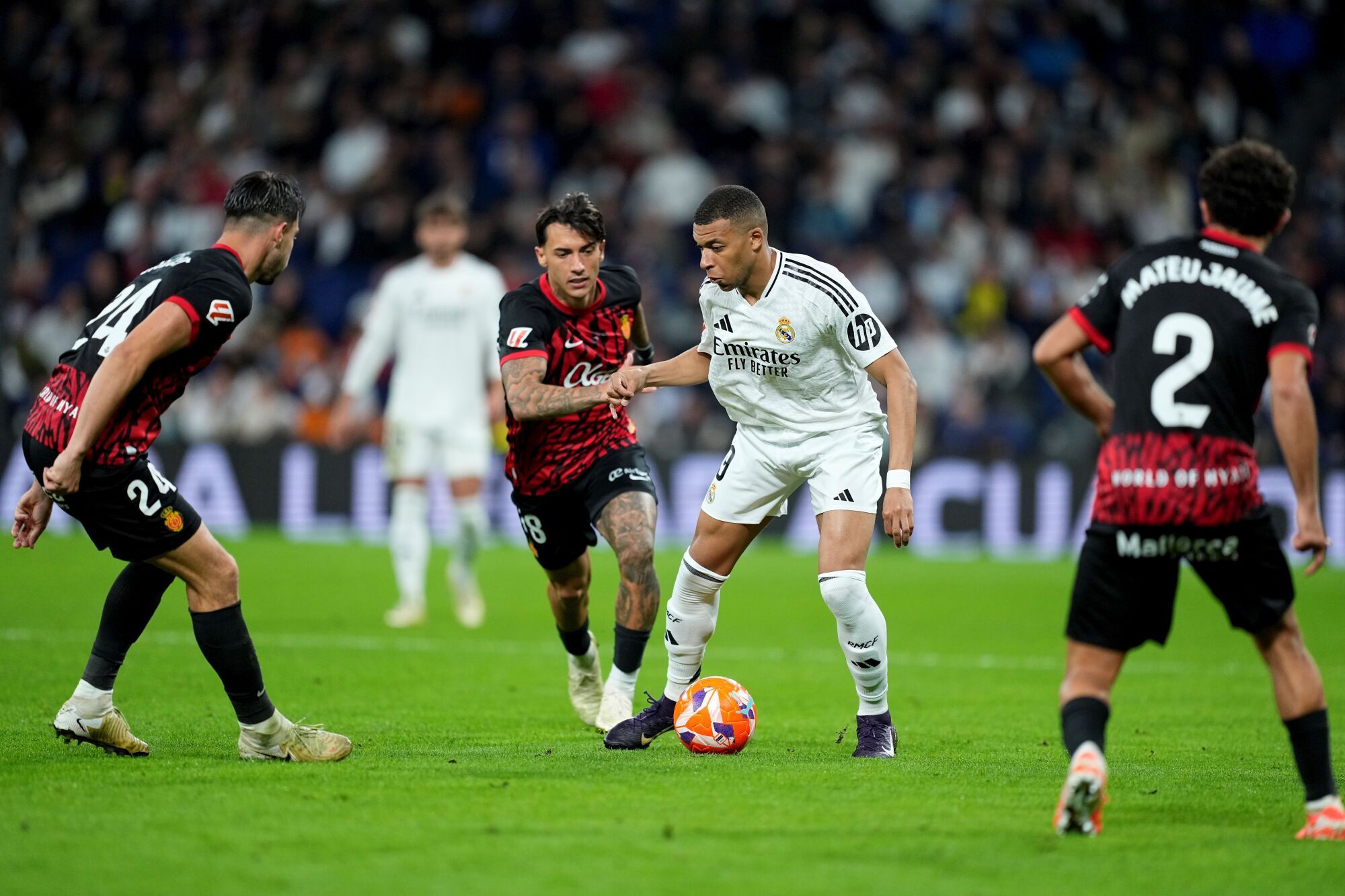 Kylian Mbappe of Real Madrid in action during the Spanish League, LaLiga EA Sports, football match played between Real Madrid and RCD Mallorca at Santiago Bernabeu stadium on May 14, 2025, in Madrid, Spain. AFP7 14/05/2025 ONLY FOR USE IN SPAIN. Oscar J. Barroso / AFP7 / Europa Press;2025;SOCCER;SPAIN;SPORT;ZSOCCER;ZSPORT;Real Madrid v RCD Mallorca - LaLiga EA Sports;