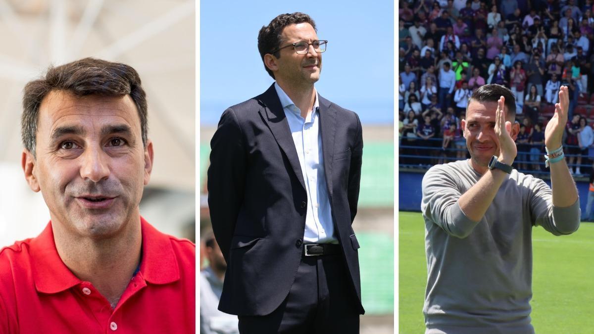 Carlos Ordóñez, presidente del Cacereño; Alejandro Pérez, director general del Mérida; y David Rocha, entrenador del Extremadura.