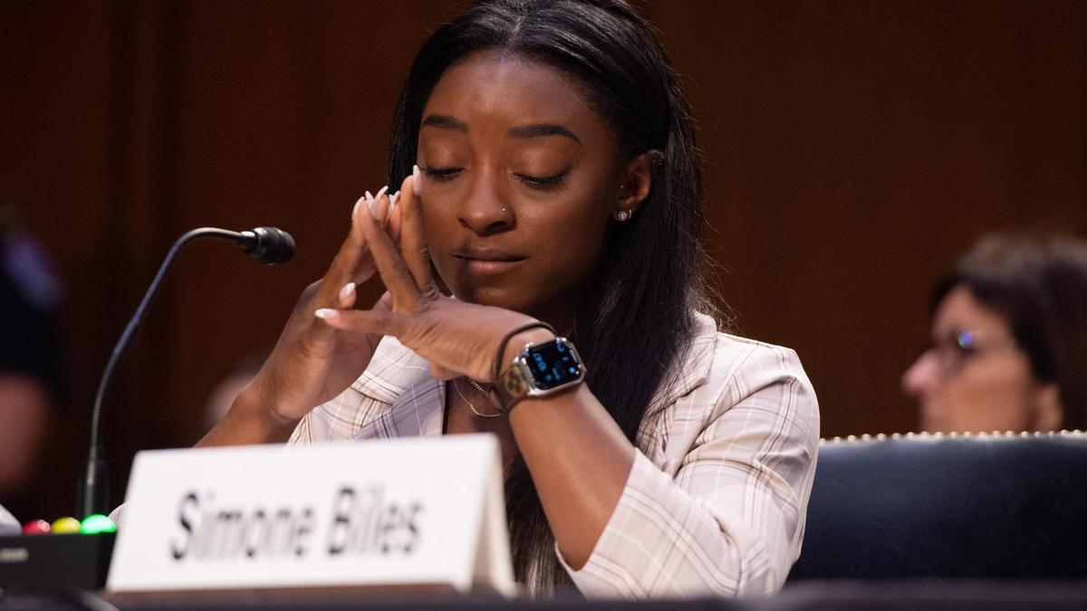 Simone Biles en su declaración contra Larry Nassar, en 2021