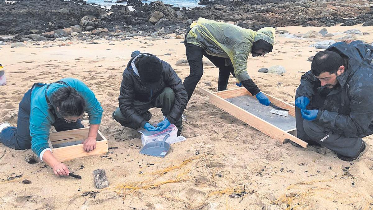 Voluntarios retiran pélets en la playa ribeirense de Balieiros