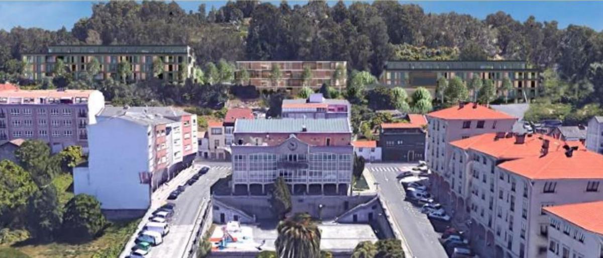 Los edificios proyectados, al fondo, y en primer término el Ayuntamiento de Arteixo. | LOC