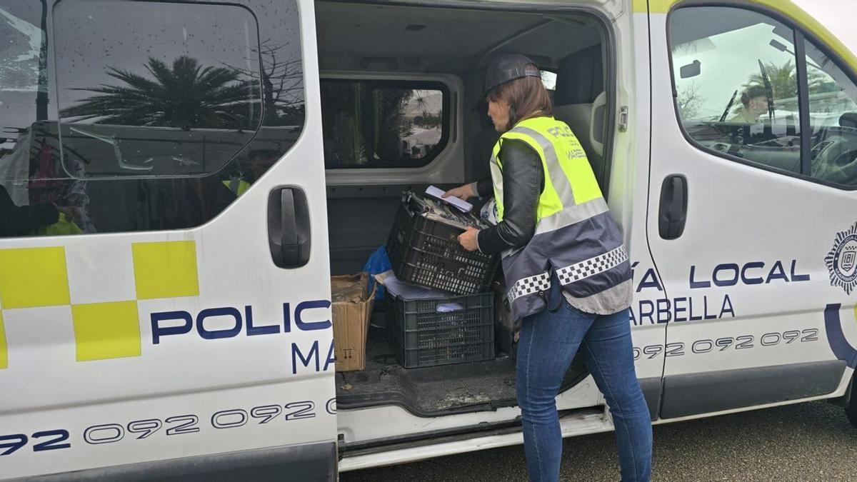 Una agente introduce una caja con objetos falsificados en una furgoneta de la Policía Local