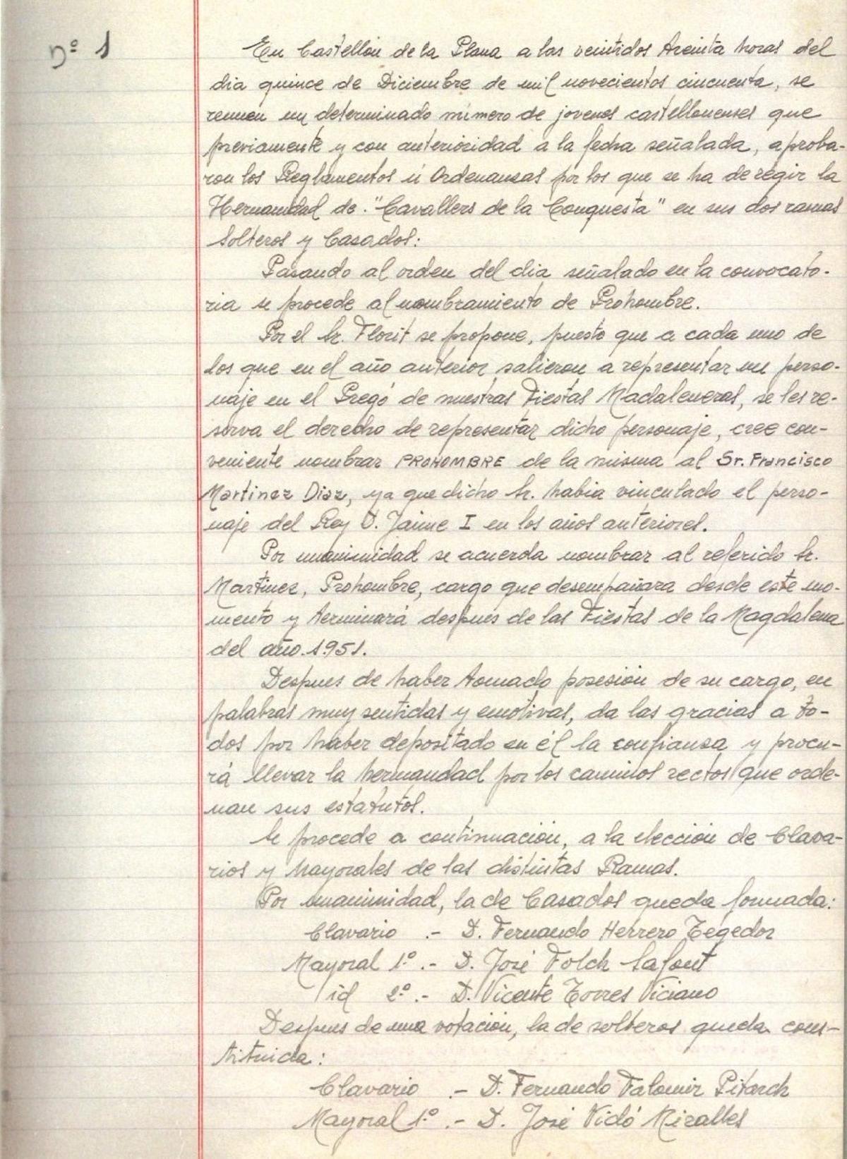 Primera parte del acta fundacional de la entidad en 1951.