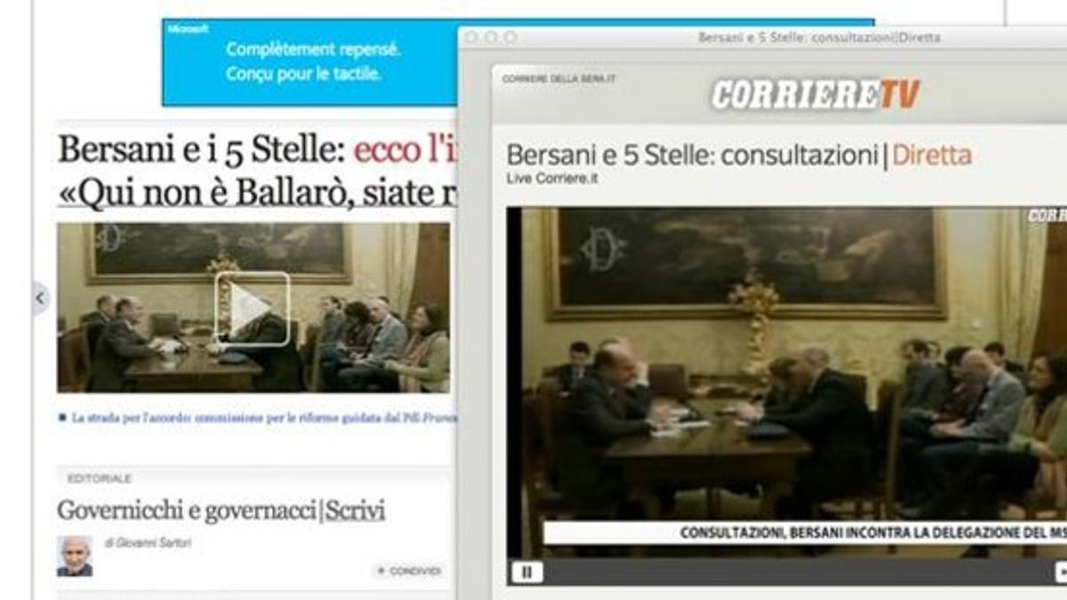 Captura de pantalla del 'streaming' de la reunión entre Bersani y el M5S, en Corriere TV, este miércoles.