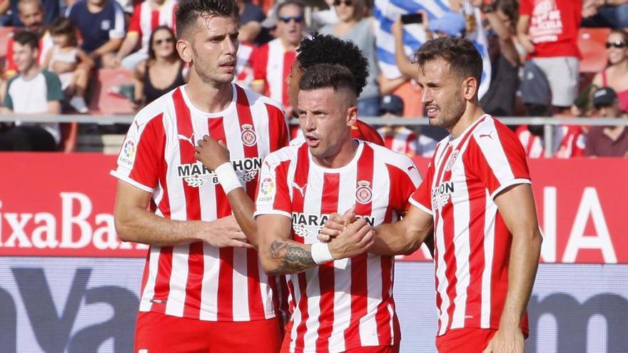 Alcalá, Mojica, Aday i Stuani es feliciten després d&#039;un gol de l&#039;equip a Montilivi