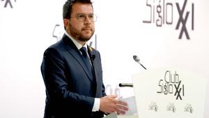 El ’president’ de la Generalitat de Catalunya, Pere Aragonès, durante el coloquio organizado este miércoles en Madrid por el Club Siglo XXI.