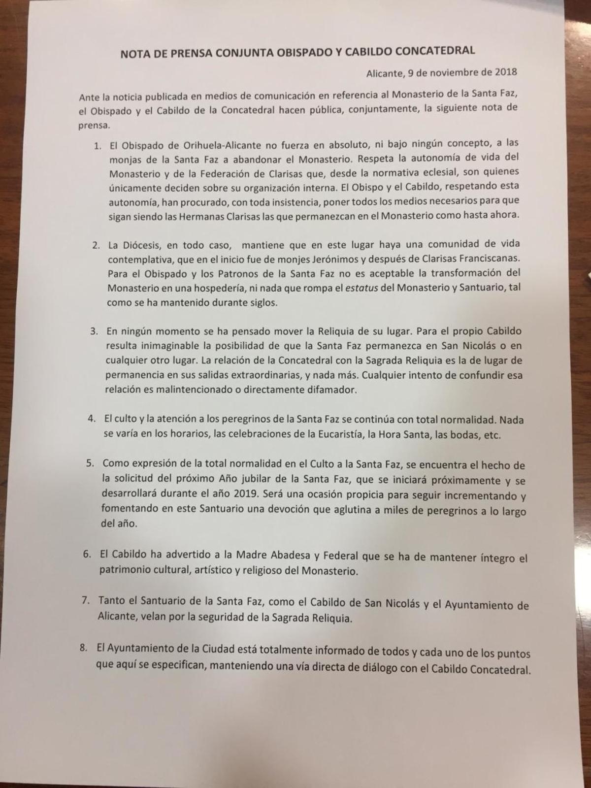 El Obispado Orihuela-Alicante garantiza que la Santa Faz permanecerá en el monasterio custodiada por una "comunidad de vida contemplativa"