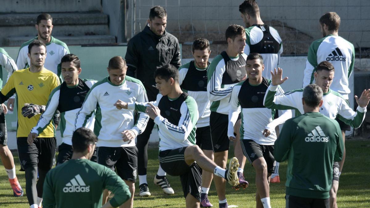 Los jugadores del Betis, entrenándose sobre el césped de la ciudad deportiva / Manuel Gómez
